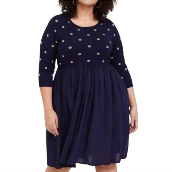 Torrid Mini Challis Skater Gold Polka Dot Navy Blue Sweater Dress Preppy Fall - Picture 1 of 16